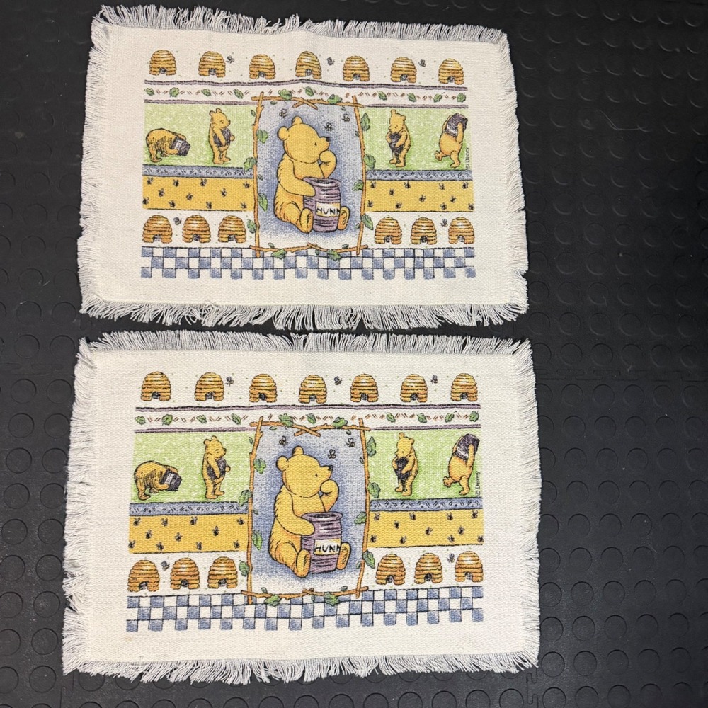 Vintage Disney Winnie the Pooh Woven Fringed Placemats Set of 2 Beehive Honey